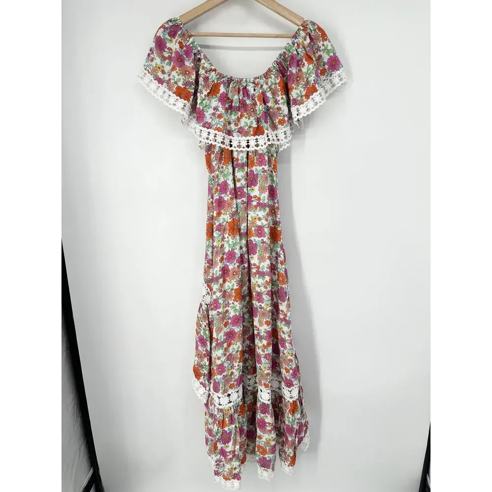 Miss June Rayan Off The Shoulder Floral Lace Ruffle Maxi Midi Dress Boho Pink - Picture 8 of 12